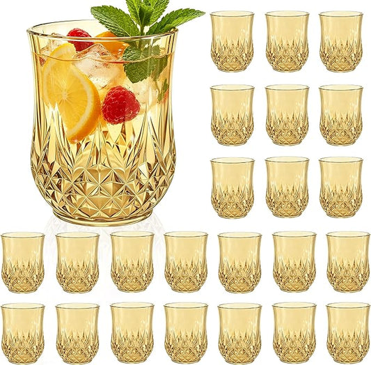 24 Pack Plastic Stemless Wine Glasses,12oz Unbreakable Vintage Elegant Drinking Glass Set,Reusable Fancy Cocktail Cups for Party, Wedding, and Bulk Events (24, 12oz-Gold)