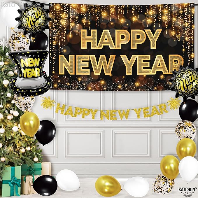KatchOn, New Years Eve Party Supplies 2026 - Huge, Pack of 37 | Happy New Year Banner, New Years Balloons for Black and Gold Happy New Year Decorations 2026 | NYE Decorations 2026