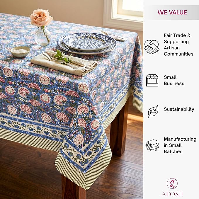 ATOSII Clover Pink 100% Cotton Rectangle Boho Fall Tablecloth, Handblock Floral Table Cloth Linen for Kitchen Dining I Parties Wedding Outdoors Christmas Thanksgiving I 72 X 140 Inches I 12 Seater