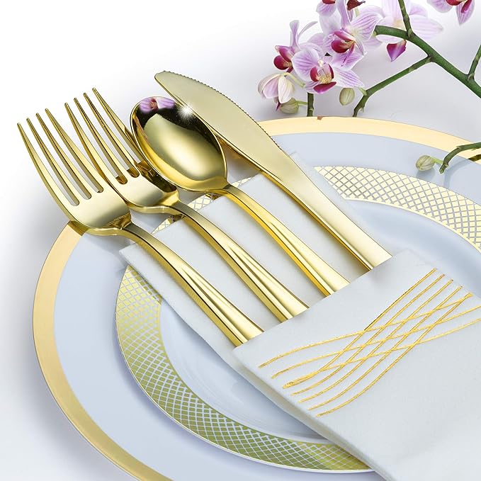 By Madee HEAVYWEIGHT Fancy Plastic Dinnerware Sets – White and Gold Disposable Plates, Premium Cutlery & Linen-Like Napkins | Elegant Disposable Dinnerware Set - 175 Pc for 25 Guests