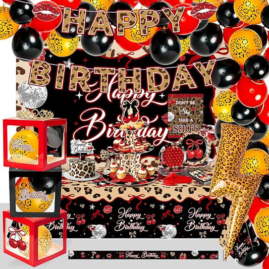 Haooryx Red Cheetah Cherry Party Decoration -125Pcs Birthday Sash Gold Crown Balloon Garland Tablecloth Cake Topper Backdrop Banner for Girls Birthday Sweet 16 Party Table Wall Decor Photo Booth Props
