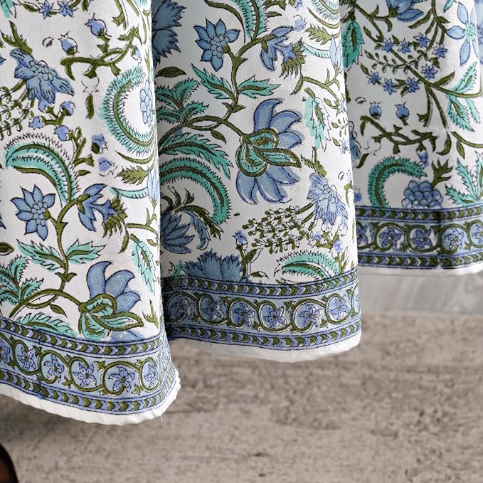 Ridhi Round Tablecloth Hand Block Print 100% Cotton Reusable Columbia Blue 90 Inch Table Cover Decorative Everyday Use for Dining, Home, Party, Wedding, Farmhouse, Party Gift for Spring, Mother's Day