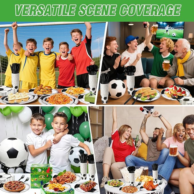 400 Pcs Disposable Soccer Party Tableware Set for 50 Guests | Heavy-Duty 7" & 9" Paper Plates, Cups, 13" Napkins & Plastic Cutlery for Game Day and Birthday Party Supplies