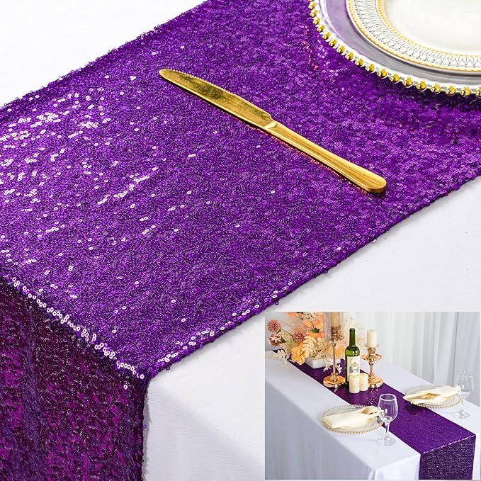 ShinyBeauty Purple Table Runners 12x108-Inches Pack of 5 Sequin Table Runner Sparkly Sequined Fabric Wedding Runners for Table Rectangle Party Table Covers Dining Tablecloth for Banquet Birthday