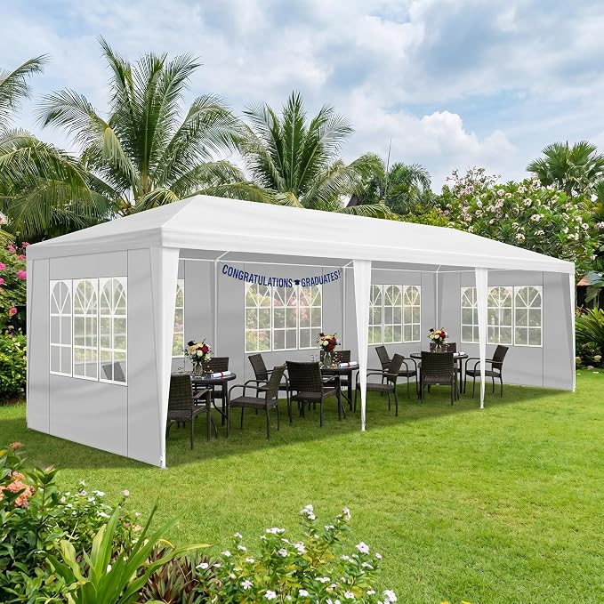 10x30 Canopy Tent for Parties, Heavy Duty Waterproof Outdoor Tent with 5 Detachable Sidewalls & Window Panels, Large Event, Wedding & Backyard Shelter, Commercial & Personal Use, White