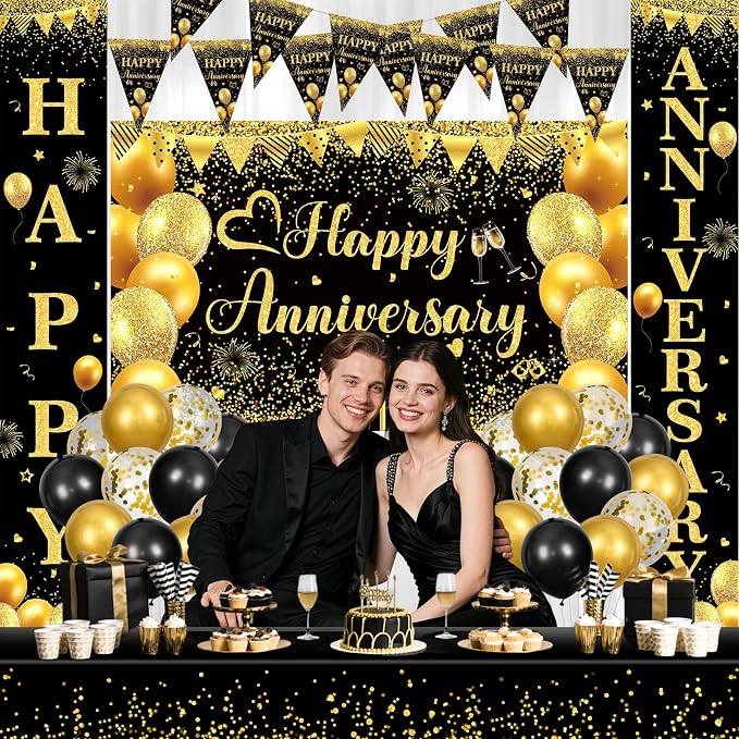 Black and Gold Happy Anniversary Decorations for Men Women, Black Gold Wedding Anniversary Party Decorations Banner, Porch Banner, Triangle Flag, Tablecloth and Balloons Kit Party Supplies