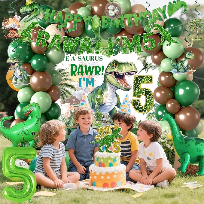 Dinosaur Boys 5th Birthday Dino Jurassic Party Supplies: Banner, Backdrop, Tablecloth, Cake Toppers, Balloons