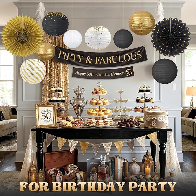 Black and Gold Party Decorations Set with Hanging Paper Lanterns Fans for Graduation Decorations 2026 50th 60th Birthday Wedding Anniversary New Year Eve Baby Shower