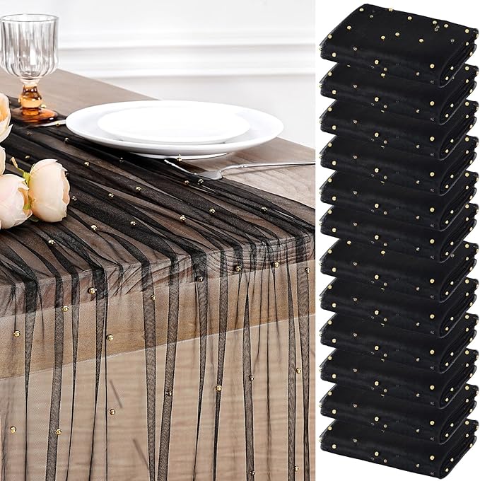 Pearl Gauze Tulle Table Runner: Black 120 Inch 10FT Seasonal Sheer Dining Holiday Wedding Birthday Baby Shower Table Decor for Home Party Indoor Outdoor