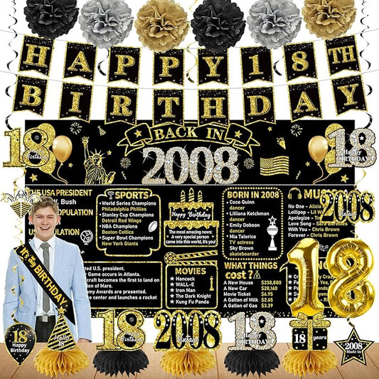 Zirtorei 18th Birthday Decorations for Boys Girls, 21pcs the Year 2008 Banner Balloon Party Supplies, Black Gold 18 Year Old Birthday Backdrop, 18 Bday Honeycomb Centerpiece Hanging Swirls Sash Gifts