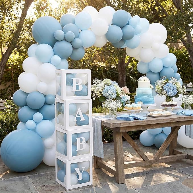 148Pcs Dusty Blue Baby Shower Decorations for Boy - Boho Balloon Arch Garland Kit with 4 Baby Boxes - Matte Blue Sand White Balloons for Gender Reveal Backdrop, 1st Birthday Party