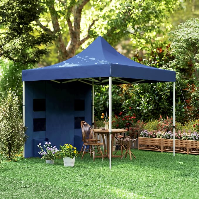 Outsunny 10' x 10' Heavy Duty Pop Up Canopy Tent with Sidewall and Trash Bags, UPF50+ Instant Sun Shelter, Height Adjustable, with Wheeled Bag, Sand Bags for Outdoor, Patio, Dark Blue