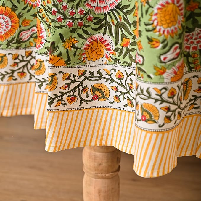 Hand Block Printed Tablecloth, Daisy Sunshine, 6 Seater 72 Inches Round, Colorful Floral Print, Indian Artisan Handmade Art, Dining Room, Kitchen, Outdoor Décor, Party Decor