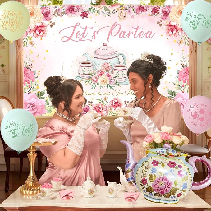 Tea Party Decorations For Women,Pastel Balloons,Tea Party Backdrop,Banner,Teapot Mylar Foil Balloon,Table Cloth,Paper pom poms Party Supplies for Girls