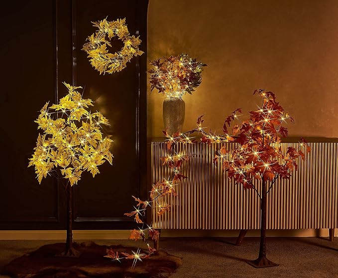 LITBLOOM Lighted Fall Garland with Timer 6FT 24 Warm White LED, Maple Leaf Vine with Lights Battery Operated for Mantle Fireplace Autumn Thanksgiving Harvest Decoration Indoor Outdoor