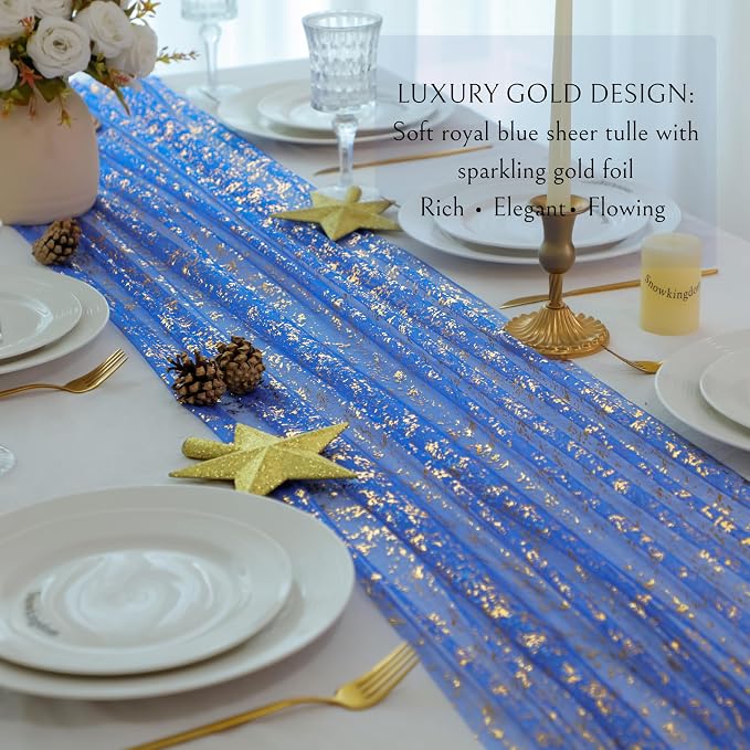 Snowkingdom Royal Blue Gold Table Runner 10 FT 120 Inch, Sparkle Sequin Glitter Metallic Foil Cheesecloth Sheer Gauze Chiffon Tulle Luxury Table Decorations for Wedding Party Birthday Graduation