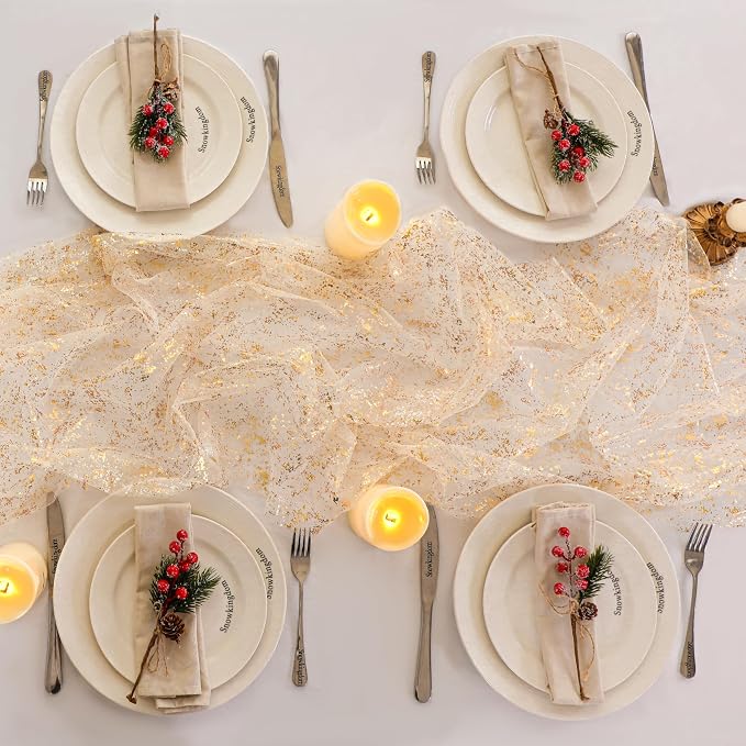 Snowkingdom 3Pcs 10Ft Gold Table Runners, Sheer Gauze Chiffon Cheesecloth Glitter Golden Metallic Foil, Gold Decorations for Home Party Wedding Birthday Anniversary Fall Thanksgiving Christmas Holiday