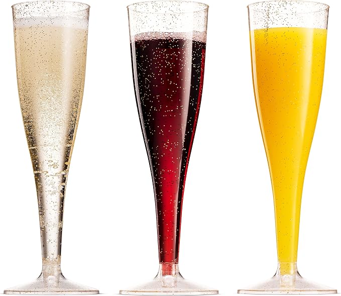 Munfix 100 Plastic Champagne Flutes - 5 Oz Disposable Gold Glitter Champagne Glasses for Parties, Mimosa Bar, Events, Wedding and Shower Party Supplies - Toasting Cocktail Cups