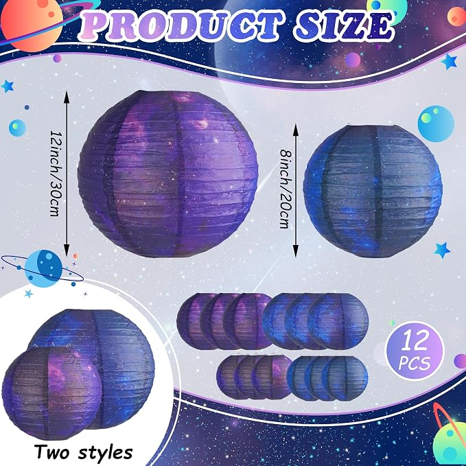 12 PCS Galaxy Paper Lanterns Space Themed Party Decorations, 6 x 12 Inch & 6 x 8 Inch Hanging Round Paper Lanterns for Galaxy Birthday Party Ceiling Room Classroom Decor