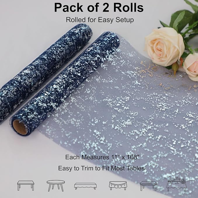 Snowkingdom Navy Blue Silver Table Runner Roll Glitter Sequin 2Pcs Sparkly Metallic Foil Sheer Mesh Elegant Centerpieces Party Decorations for Wedding Birthday Baby Shower Graduation Party Christmas