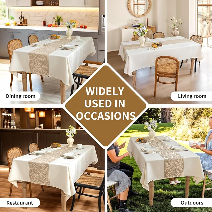 Nordic Beige Round Tablecloth, Premium Drape, Water & Stain Resistant, Elegant Rectangle Table Cover for Dining, Kitchen, Party, Home Decor