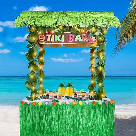 Auihiay 124PCS Tiki Bar Hut Kit, Portable Outdoor Tiki Bar Decor with Grass Table Skirt, Tablecloth, Flower Garland, and LED Lights for Hawaiian Luau Tropical Aloha Theme Party Decoration