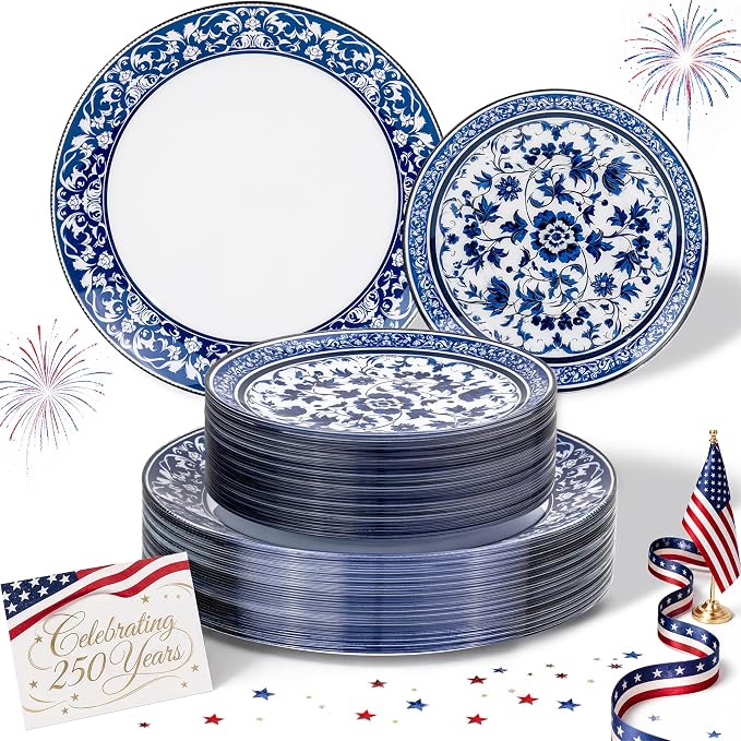 Hioasis 60pcs Blue Plastic Plates Set - Floral Blue & White Porcelain Design, 10.25" Dinner & 7.5" Dessert Plates Disposable for 4th ofJuly & Wedding (Dishwasher Safe, Art Style)