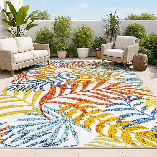 JONATHAN Y Tropics Palm Leaves Indoor Outdoor Area Rug 4X6 Cream/Orange, Boho for Backyard, Patio, Porch, Easy-Cleaning, High Traffic, Pet-Friendly, Non-Shedding (AMC100B-4)