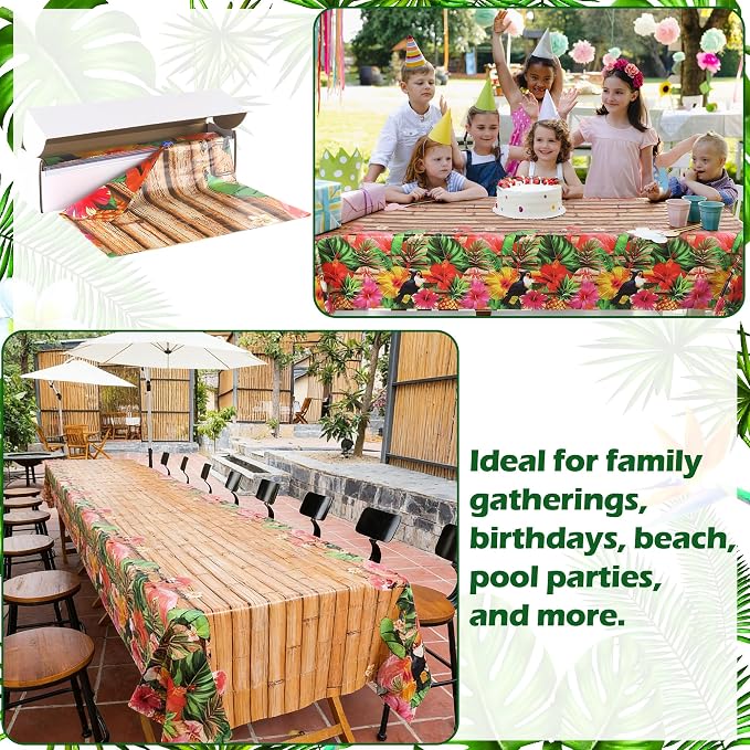 Kochorie 100 Ft X 54 Inch Hawaiian Luau Party Tablecloth Roll with Cutter Box, Disposable Plastic Hawaii Tiki Totem Table Cover, Aloha Tropical Floral Table Decorations for Summer Beach Pool Birthday