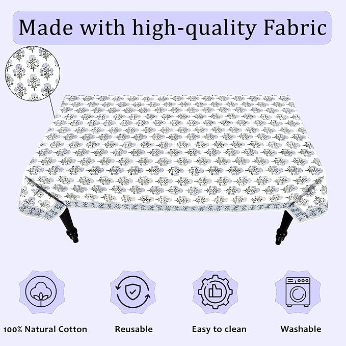Ridhi Mughal Buta Blue Hand Block Print Cotton Rectangle Tablecloth 60" x 60" inches Reusable Table Cover Decorative Everyday Use for Dining Room, Farmhouse, Home Gift for Spring, Mother's Day