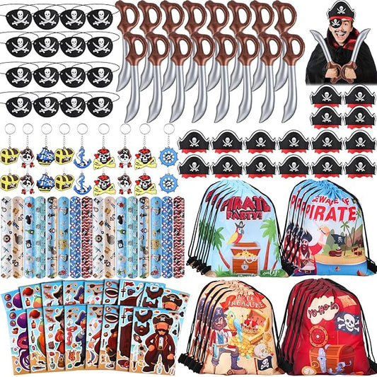 Tondiamo 84 Pcs Ninja and Pirate Party Favors with Drawstring Backpack Headband Inflatable Sword Bracelet Sticker Keychain Stretch Eye Mask for Karate Birthday (Pirate Style)