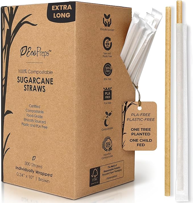 EcoPreps 10” Disposable Sugarcane Straws, Extra-Long Individually Wrapped Straw | 300 Count, 100% Compostable, Plastic Free, Eco-Friendly Drinking Straw | 10-Inch Long Sugar Fiber Disposable Straws