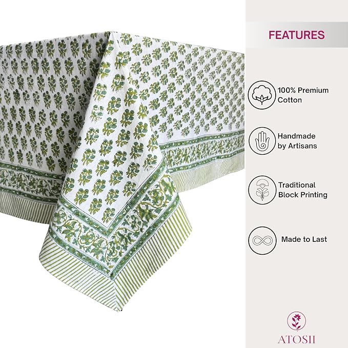 ATOSII Ivy Green 100% Cotton Rectangle Spring Summer Tablecloth, Handblock Floral Print Linen Table Cloth for Kitchen Dining I Parties, Weddings, Outdoors, Easter Decor 60 X 90 Inches, 6 Seater
