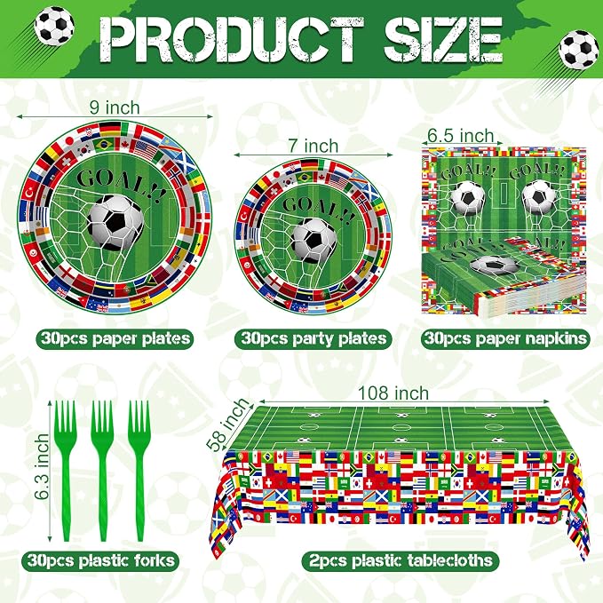 QZYL 122 Pcs 2026 World Soccer Party Decorations, Soccer Party Supplies Serve 30, Disposable Plates Napkins Tablecloth Forks, International World Flags Tableware Set for Sports Game Birthday Event