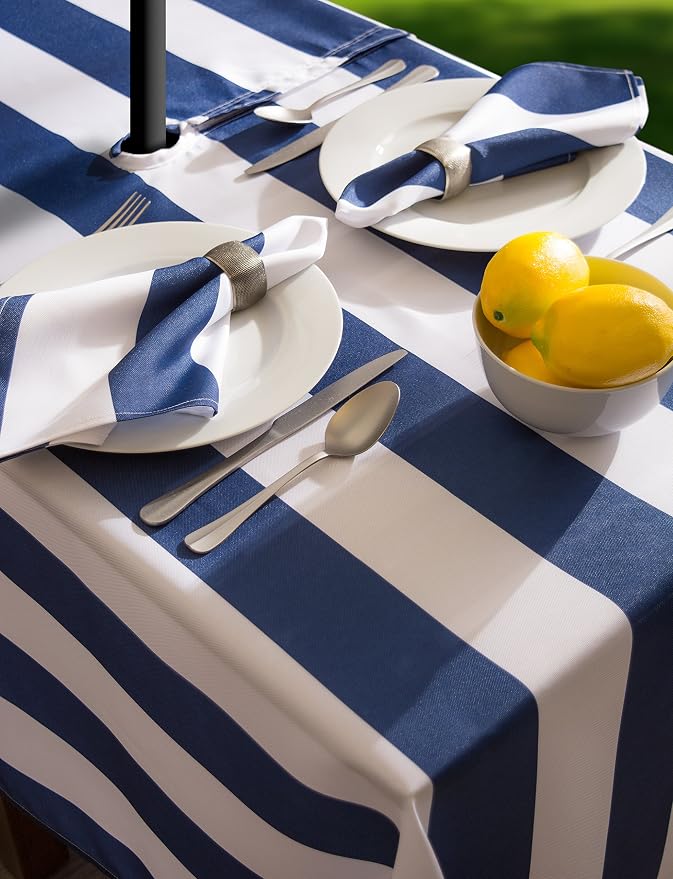 DII Cabana Stripe Outdoor Zippered Tabletop Collection, Stain/Wrinkle Resistant & Waterproof, 60 x 120, Nautical Blue