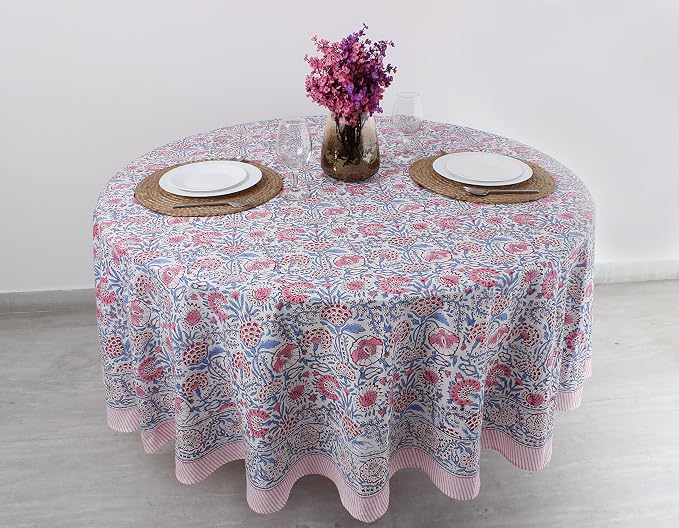 Ridhi Round Tablecloth Hand Block Print 100% Cotton Reusable Flamingo Pink 132 Inch Table Cover Decorative Everyday Use for Dining, Home, Party, Wedding, Farmhouse, Party Gift for Spring, Mother's Day