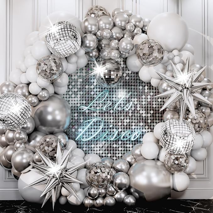 ALL-IN-1 Disco Balloon Arch Kit with BONUS Disco Ball Balloon for Party Decorations - Silver & White Balloons Garland for Disco Ball Party Decoration & Silver Party Decorations -Disco Balloons