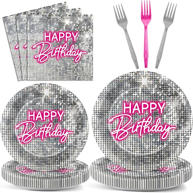 96PCS Silver Sequins Pink Neon Birthday Paper Plates and Napkins, Disco Silver Glitter Party Decorations for Shimmer Hot Pink Party Dinner Dessert Plates, 80s Neon Light Tableware Decor, Serves 24