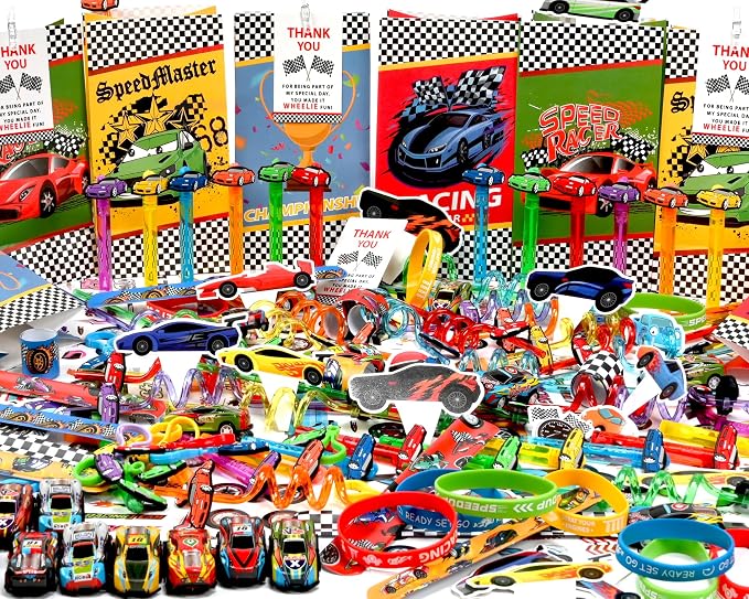 PLOUGVI 232PCS Race Car Birthday Party Favors Decorations Supplies Goodie Bag Stuffer Pinata Filler, Cars Themed Favors for Wheel Birthday Decorations