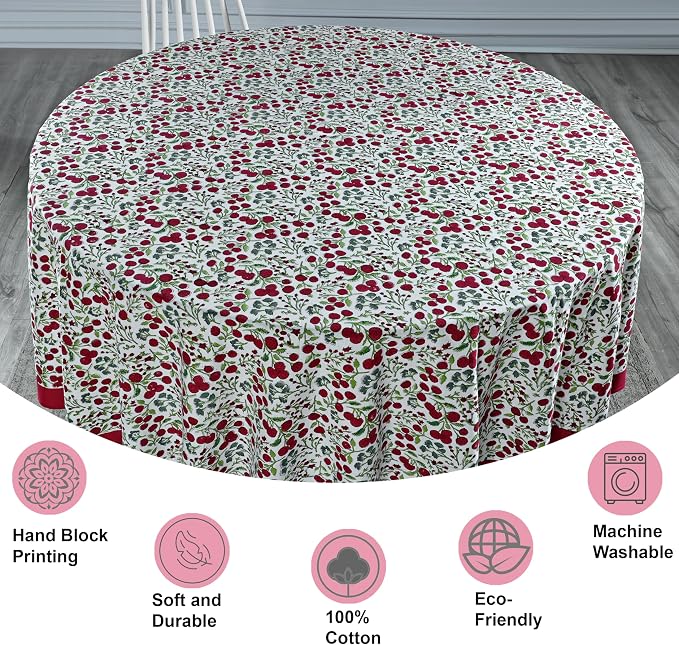 Ridhi Round Tablecloth Hand Block Print 100% Cotton Reusable Garnet Red 60 Inch Table Cover Decorative Everyday Use for Dining, Home, Party, Wedding, Farmhouse, Party Gift for Spring, Mother's Day