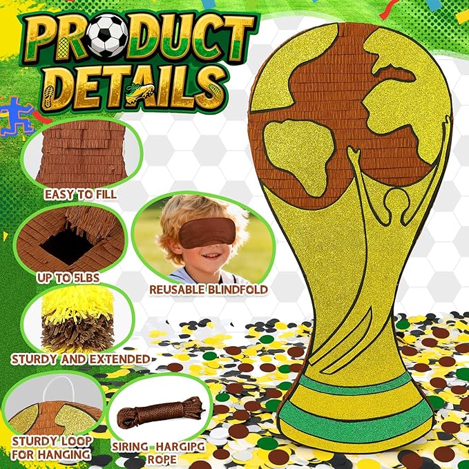 25" World Cup Trophy Piñata - Large Gold Champion Cup Pinata with Stick, Blindfold & Confetti - Soccer Theme Birthday Decorations, Sports Party Supplies for Boys Kids & Adults Victory Celebration