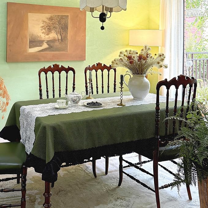 Sage Green Ruffled Table Cloth Rectangular Table, Washed Vintage Thick Decorative Tablecloth for Dining Farmhouse Wedding - 72"x54"