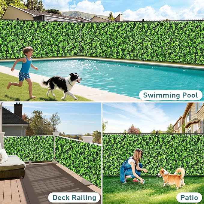 Shade&Beyond 4' X 4' Privacy Fence Screen Customized 450 GSM PVC Printed Privacy Fence with Zip Ties for Courtyards, Pools, Balconies-Green Leaves