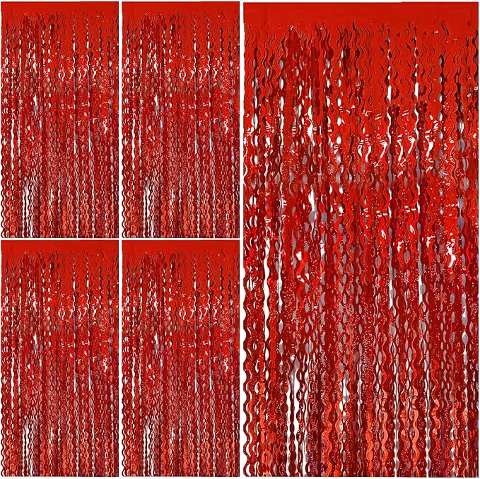 Red Tinsel Foil Fringe Curtains Wavy Backdrop for Parties Sparkle Metallic Wavy Foil Fringe Backdrop Curtain for Party Decorations Photo Booth Props Birthday Graduation Wedding Valentines Decor