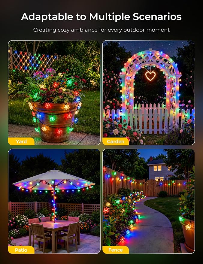 Brightown 50 LED Flower Solar String Lights Outdoor Waterproof, Multicolor Solar Powered Fairy Lights with 8 Lighting Modes for Garden Fence Yard Patio Christmas Tree Party Wedding Decor