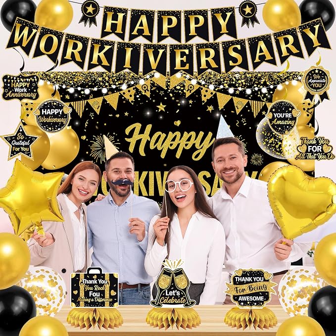 Vlipoeasn Happy Workiversary Banner Decorations for Women Men, Black Gold Work Anniversary Bacdrop Banner Honeycomb Centerpieces, Office Decor Staff Teachers Professors Doctor Nurses Workiversary