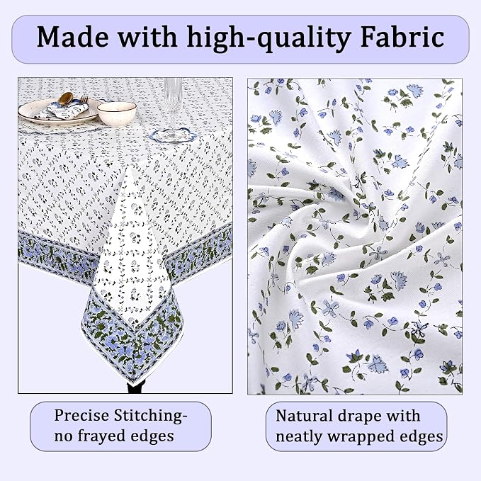 Ridhi Powder Blue Hand Block Print Cotton Rectangle Tablecloth 120" x 60" inches Reusable Table Cover Decorative Everyday Use for Dining Room, Farmhouse, Home Gift for Spring, Mother's Day