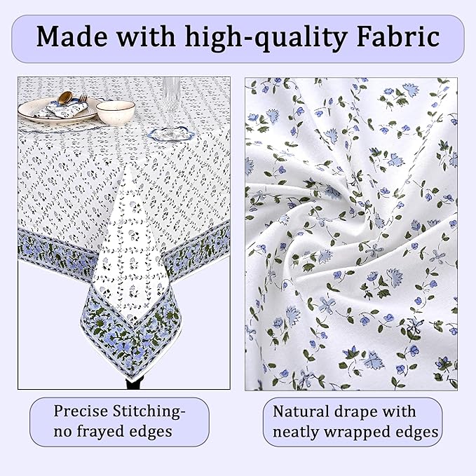 Ridhi Powder Blue Hand Block Print Cotton Rectangle Tablecloth 108" x 60" inches Reusable Table Cover Decorative Everyday Use for Dining Room, Farmhouse, Home Gift for Spring, Mother's Day