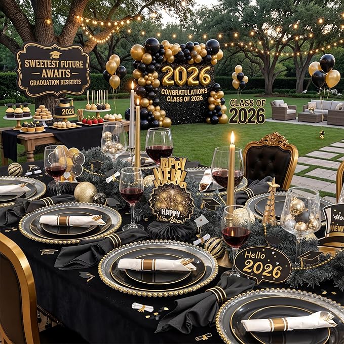 KIRE 175Pcs Black Plates Disposable - Heavy Duty Black and Gold Plastic Plates- 25 for Dinner 25 for Dessert 25 Pre Rolled Gold Silverware and 25 Cups for Graduation/Birthday Party/Wedding