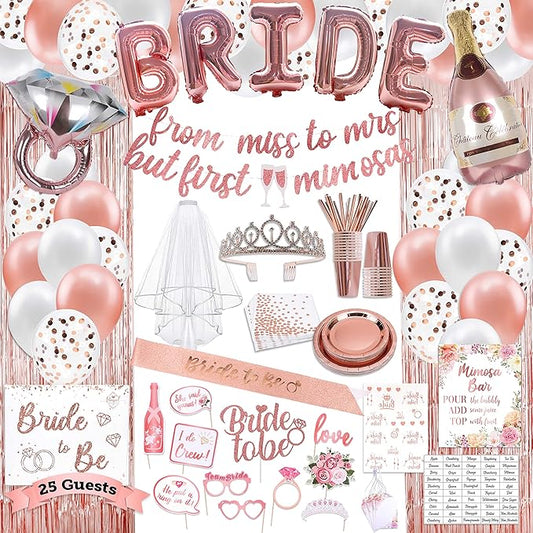 Bachelorette Party Decorations Kit, Rose Gold Bridal Shower, Bride Balloons, Banner, Sash, Tiara & Veil, Fringe Curtain, Mimosa Bar, Plates Cups Napkins for 25 Guests